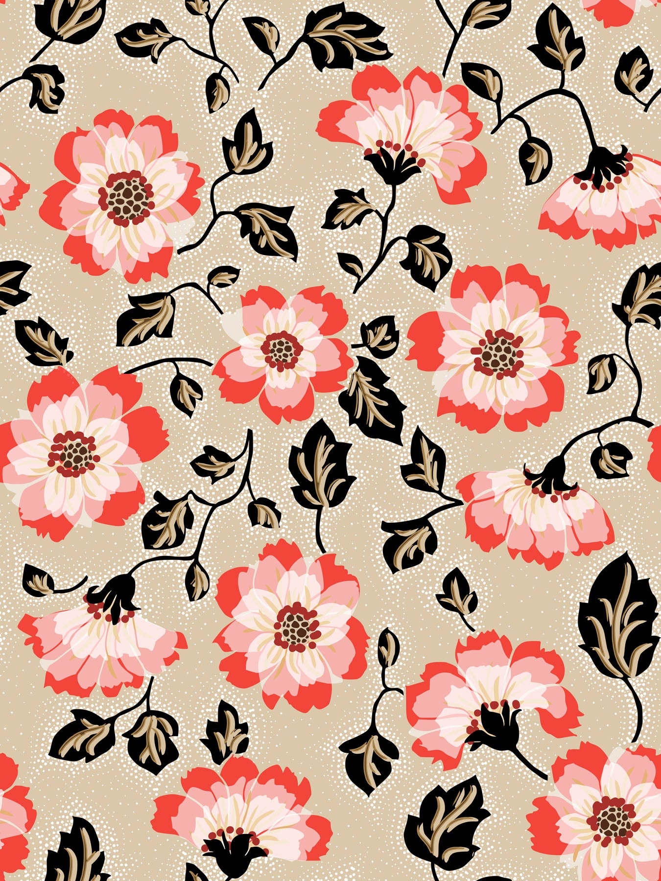 Floral pattern with pink flowers, black leaves, on a textured beige background.