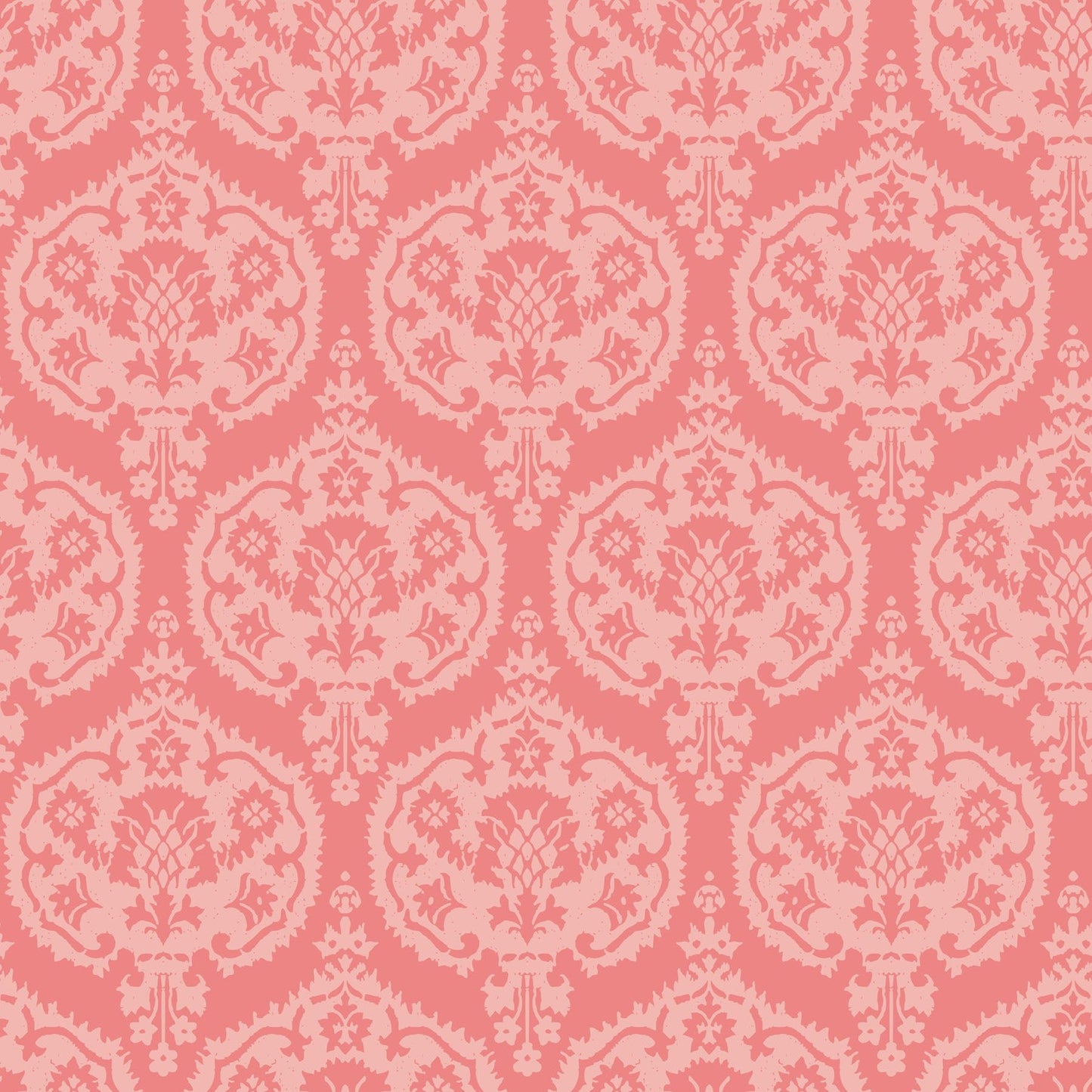 Coral pink with light pink damask wallpaper pattern.