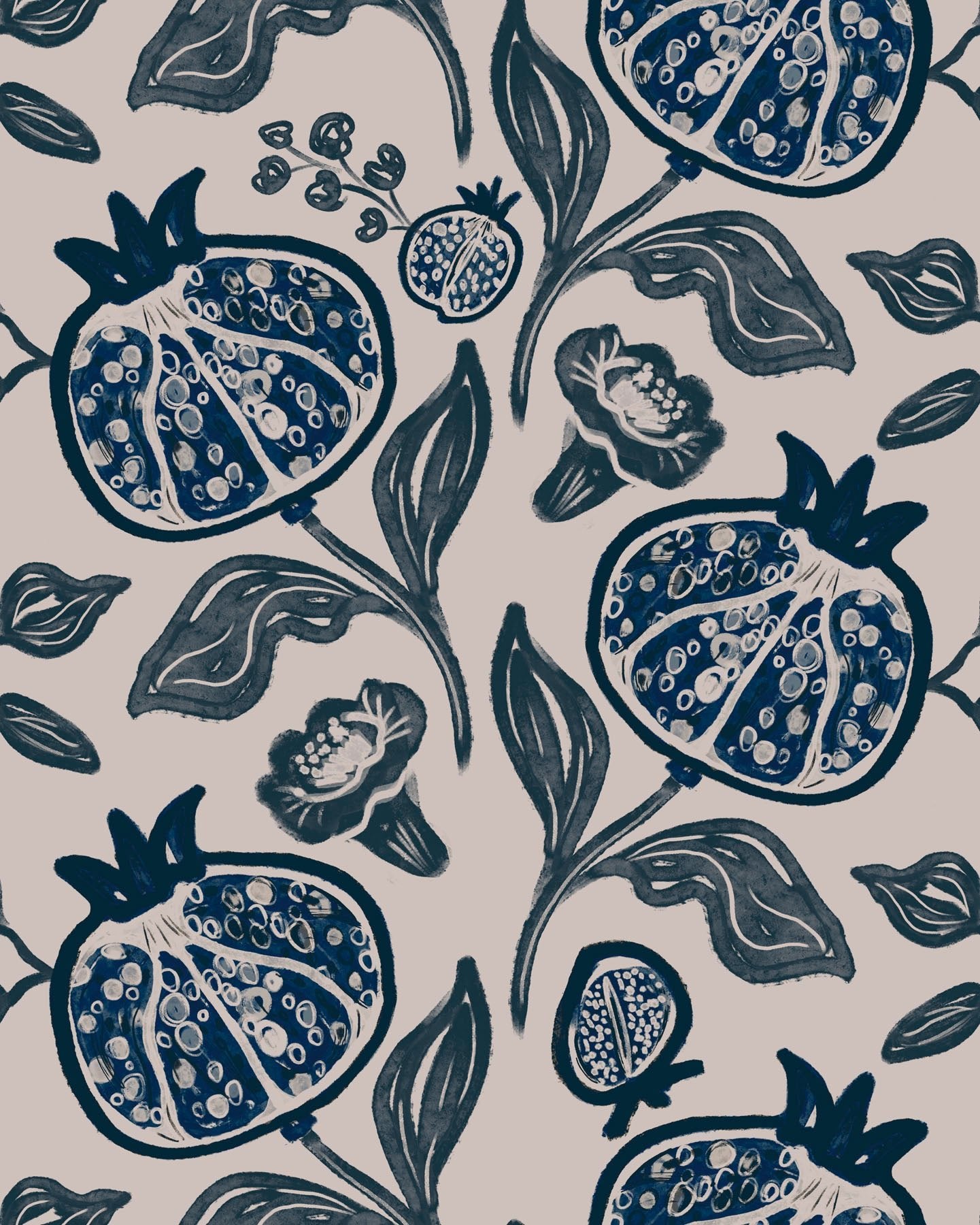 Pattern of blue pomegranates and leaves on an off white background.