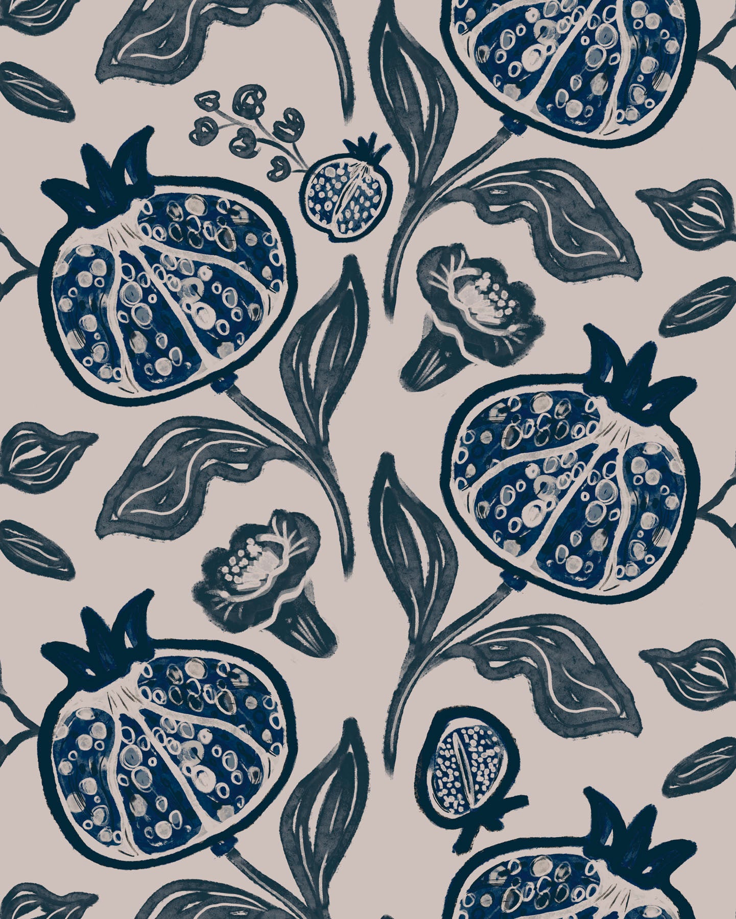 Pattern of blue pomegranates and leaves on an off white background.