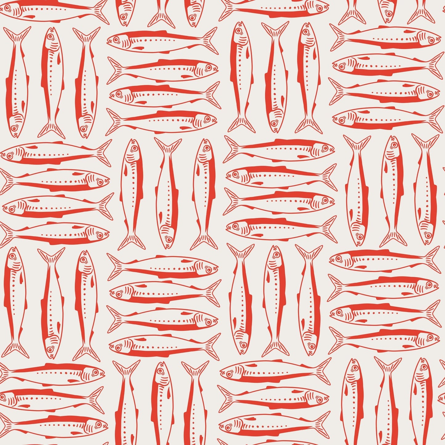 Pattern of red sardine illustrations on a white background.