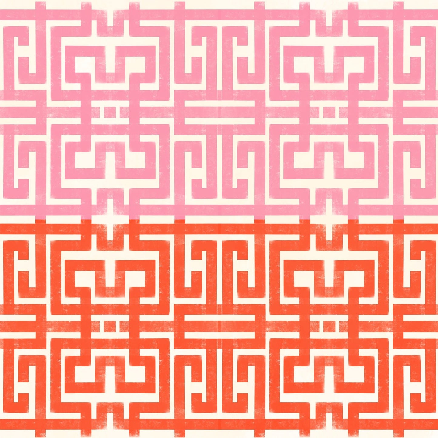 Geometric pattern with pink and red colors on an off white background.
