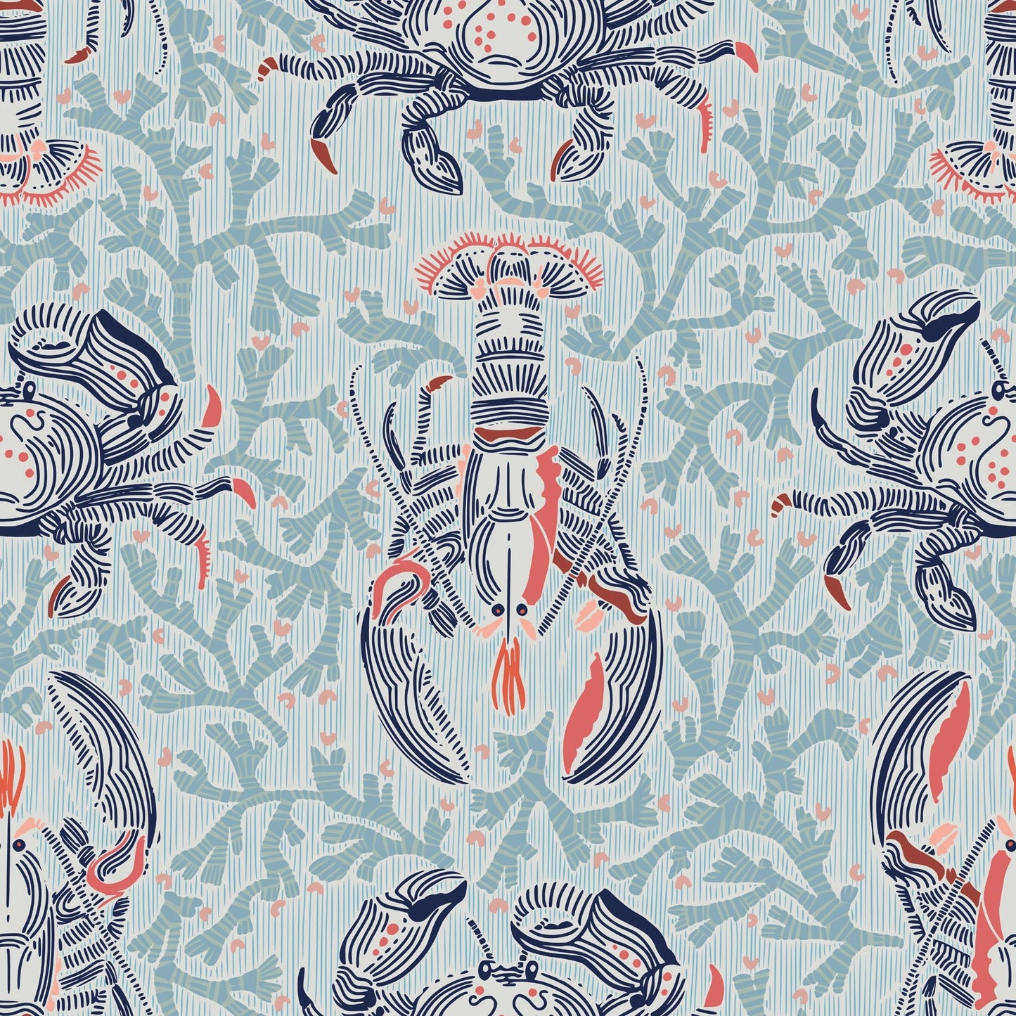 Stylized lobster and crab illustrated wallpaper design with teal coral in the background.