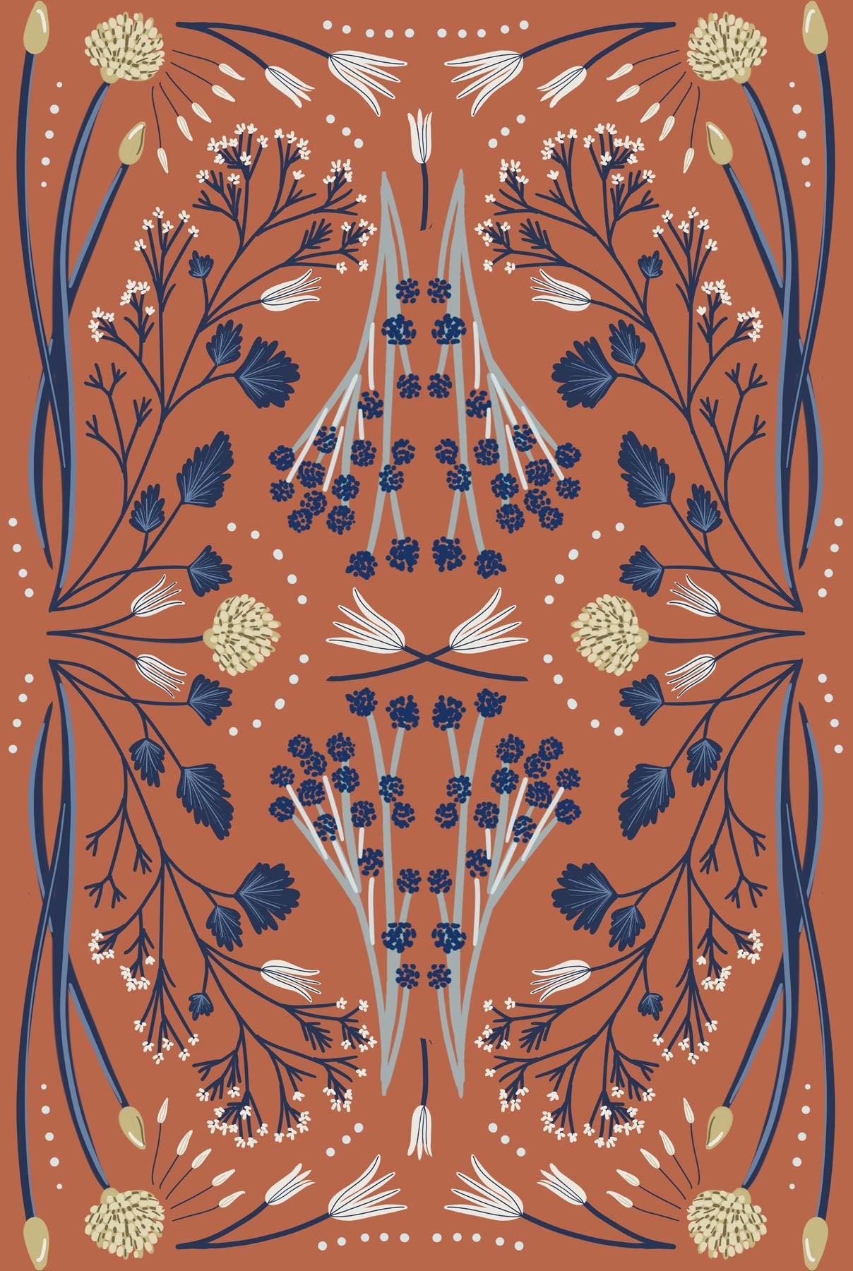 Floral pattern with blue and green elements on a terracotta background.