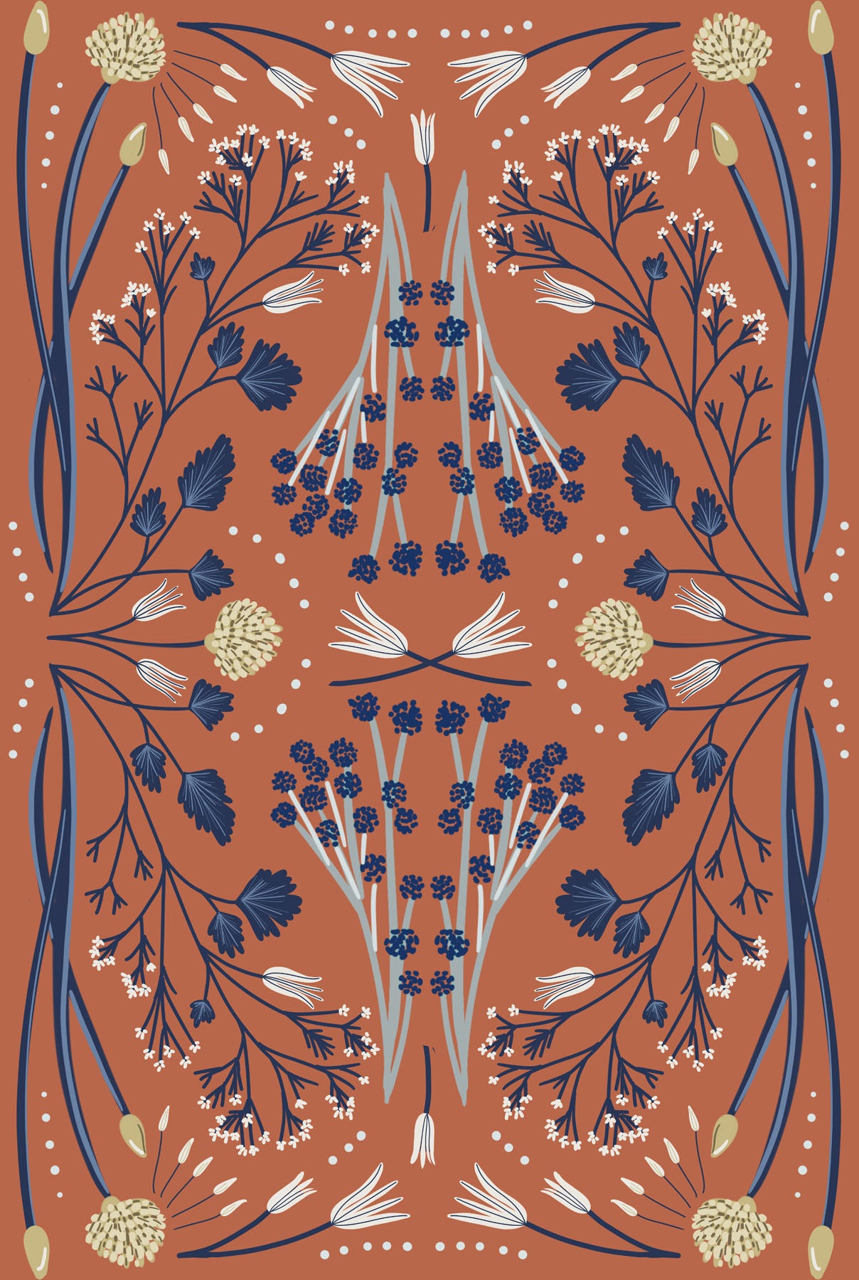 Floral pattern with blue and green elements on a terracotta background.