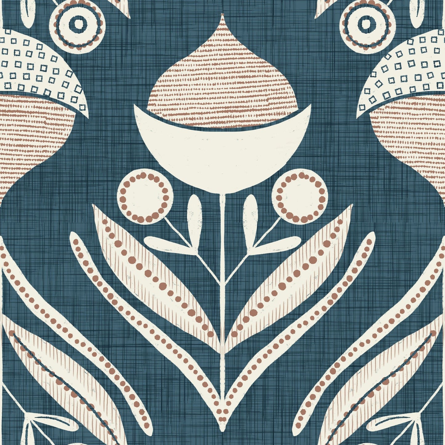 Decorative pattern with stylized acorns on a medium blue textured background.