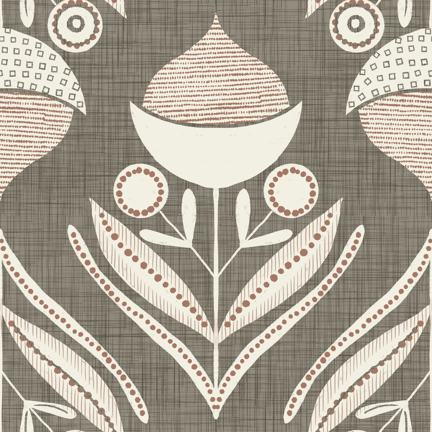 Decorative pattern with stylized acorns on a muted forest green background.