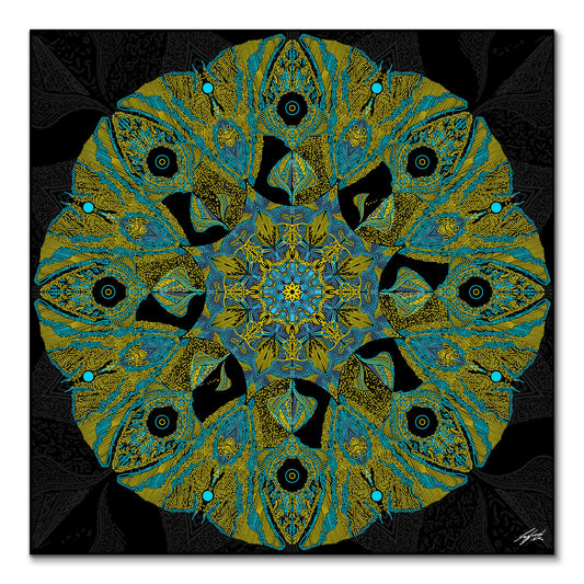 Intricate pattern with green and yellow lines radiating from a center against a textured black background.