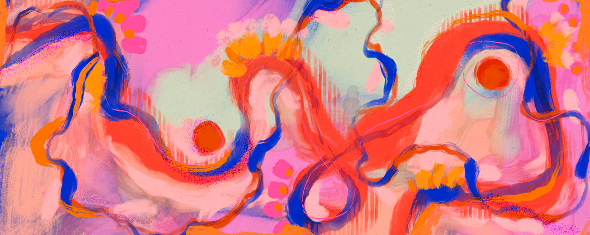 Abstract artwork with swirling colors on a pink background.