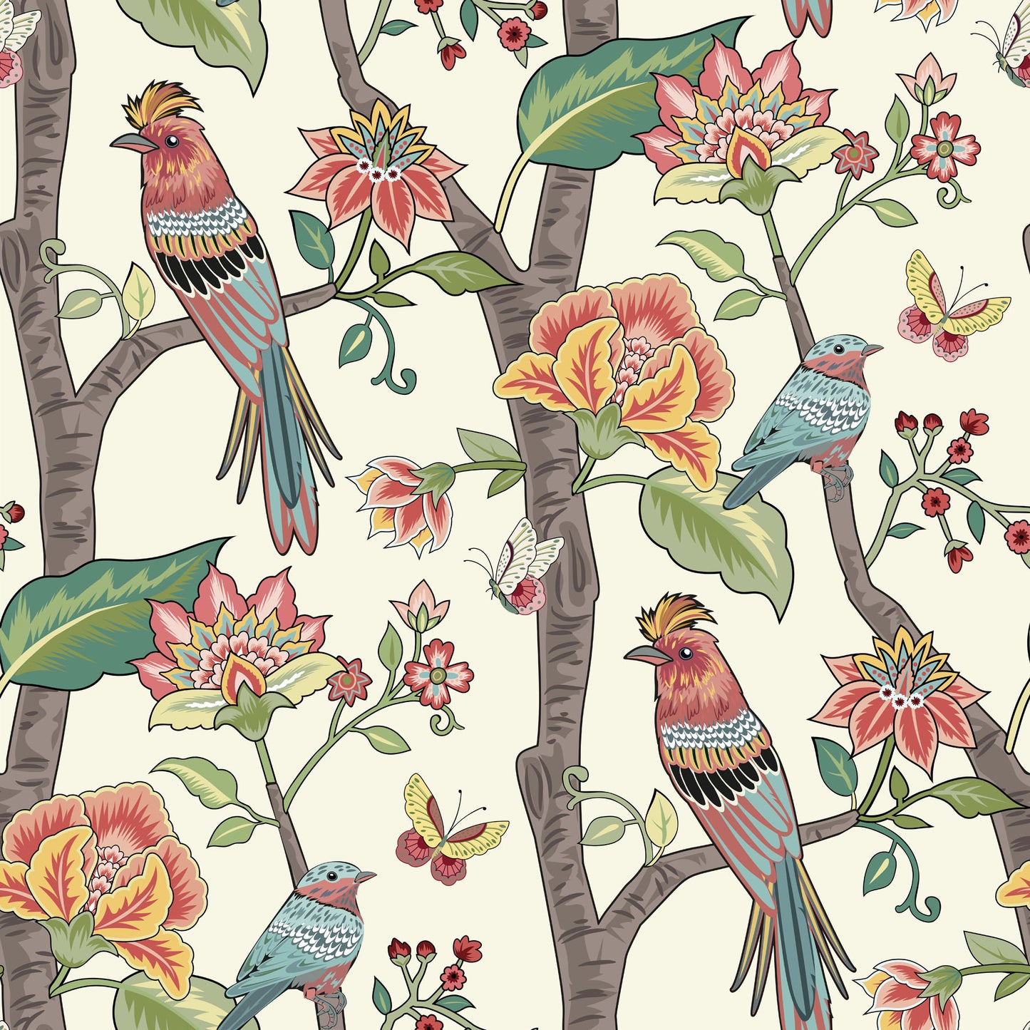 Colorful pattern of birds and flowers on a beige background