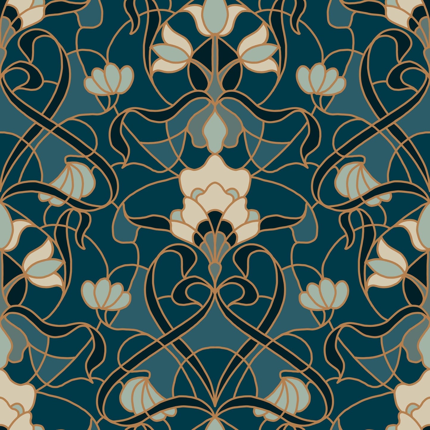 Decorative pattern with floral elements on a blue background