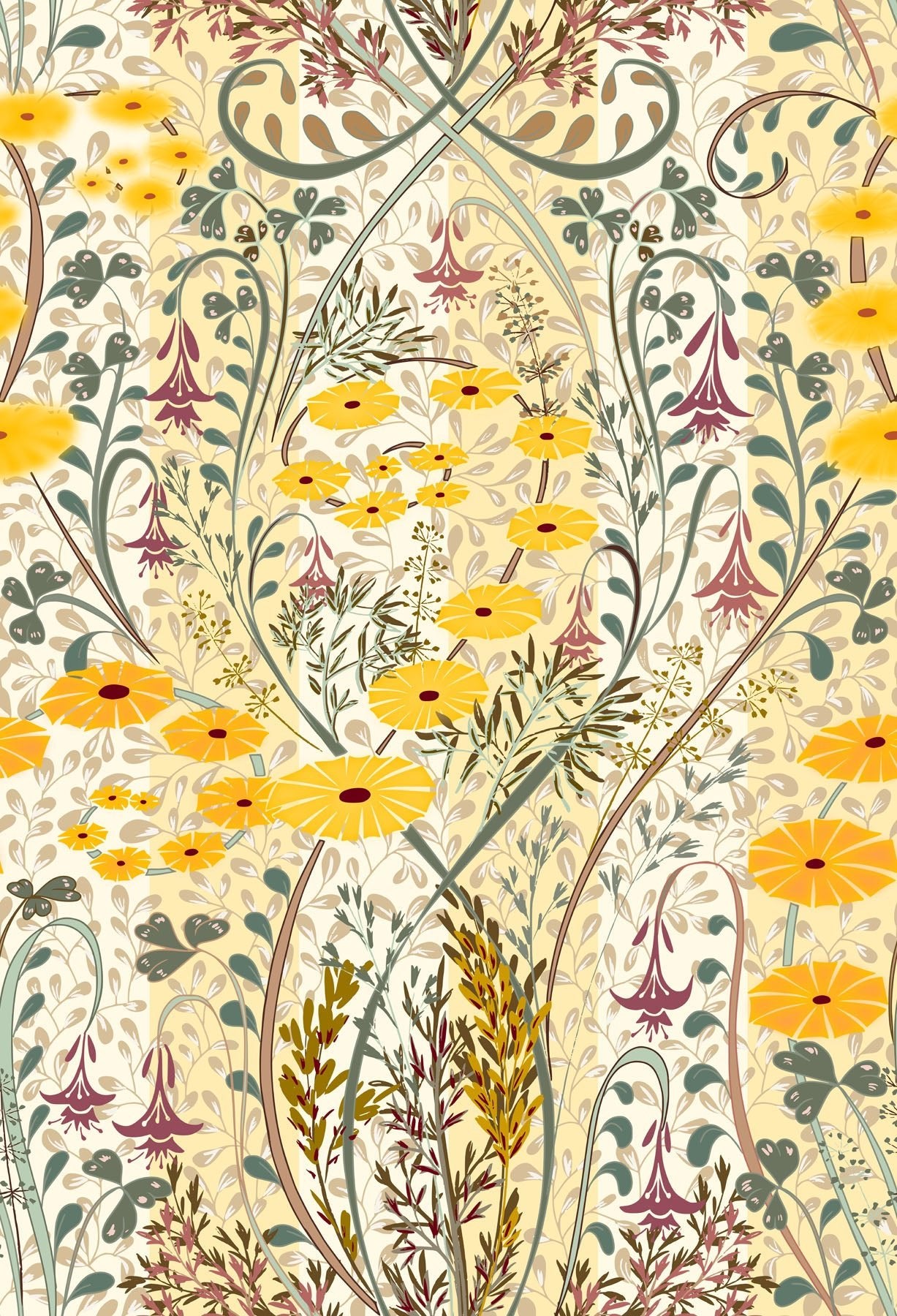 Decorative floral pattern with yellow flowers and intricate lines on a beige and white striped background