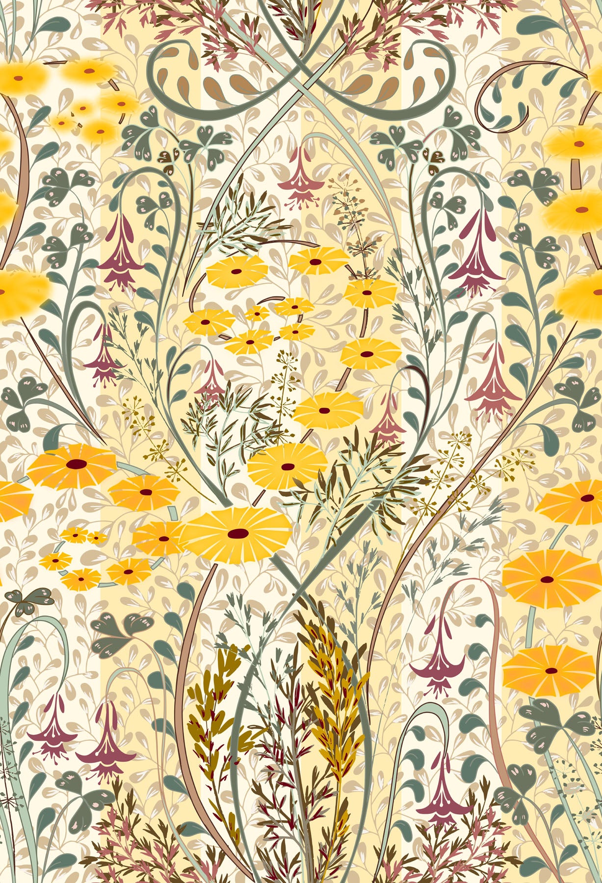 Decorative floral pattern with yellow flowers and intricate lines on a beige and white striped background