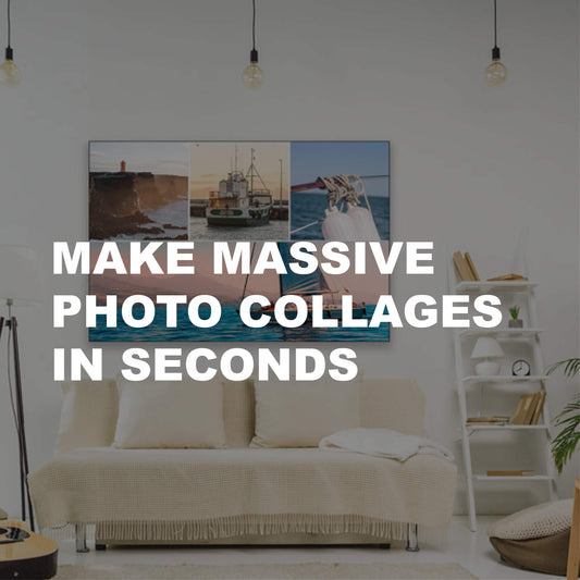 Large photo collage hangs above couch in beach aesthetic living room. Words "Make Massive Photo Collages in Seconds" is layered over image.