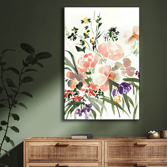 Abstract floral watercolor painting hangs on dark sage green wall above wooden dresser in modern bedroom.