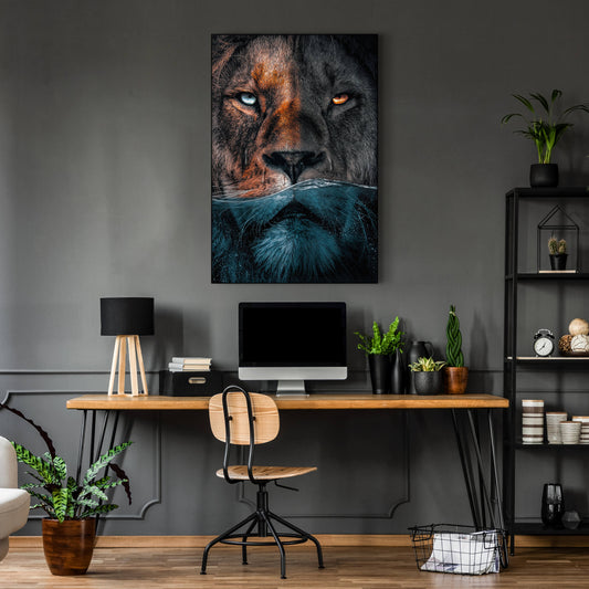 Large lion photo showing lion's face halfway underwater hangs on grey wall in home office.