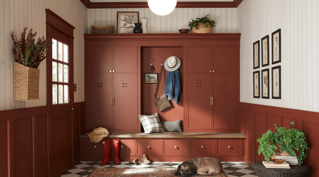 Five interior scenes showing the 2026 paint color trends - dark charcoal, khaki beige, clay red, teal blue-green, and soft sage. Used in living, dining, and office spaces.