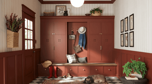 Five interior scenes showing the 2026 paint color trends - dark charcoal, khaki beige, clay red, teal blue-green, and soft sage. Used in living, dining, and office spaces.