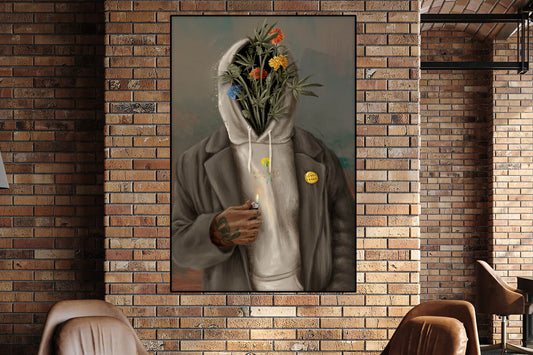 Oversized painting of Black man in gray hoodie and green blazer with wildflowers instead of a face hangs on brick wall in modern apartment living room