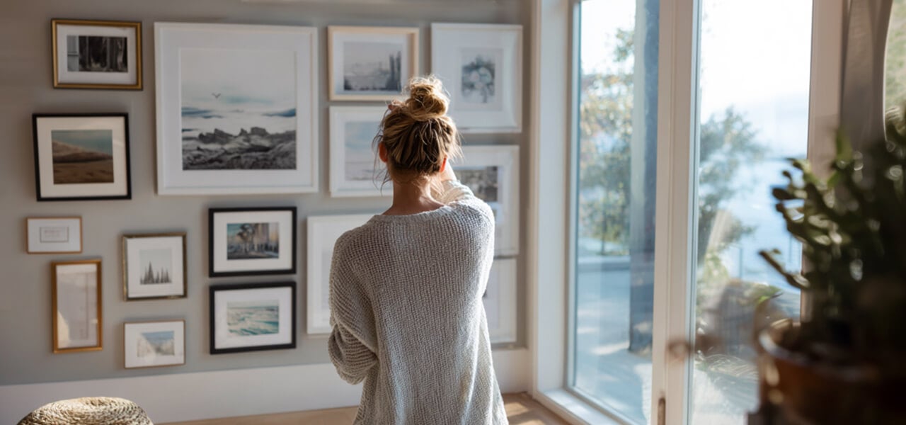 Woman taking down small frames from a crowded gallery wall in a bright modern living room.