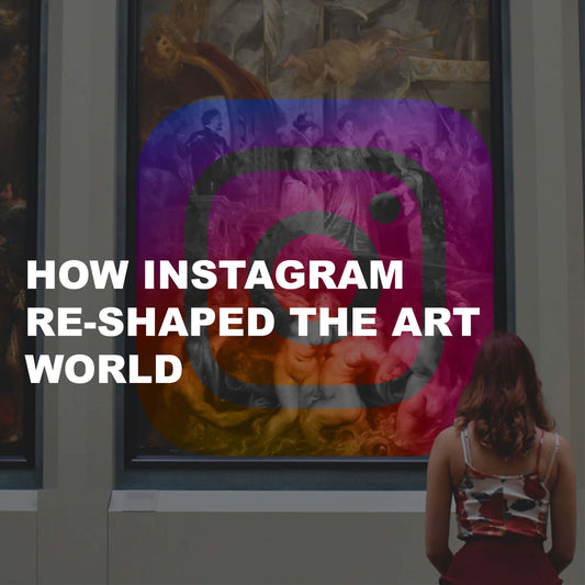 Girl stands in front of three large paintings hanging side by side in a museum. The middle painting is covered with an Instagram logo.