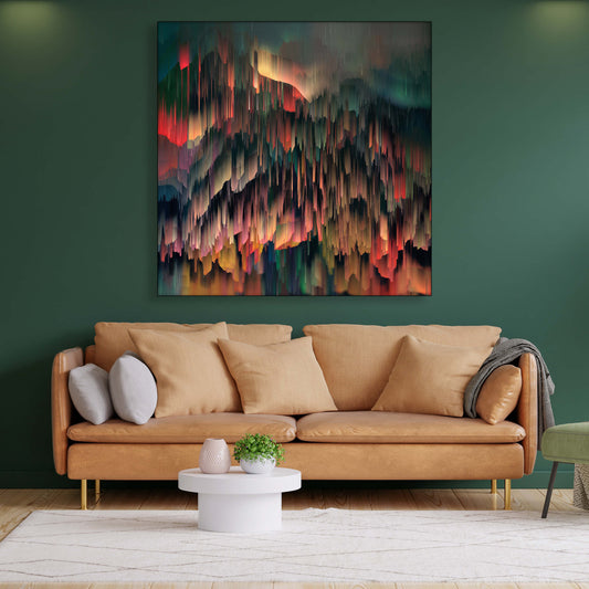 Oversized colorful digital abstract painting of colors dripping down hangs on dark green wall in living room.