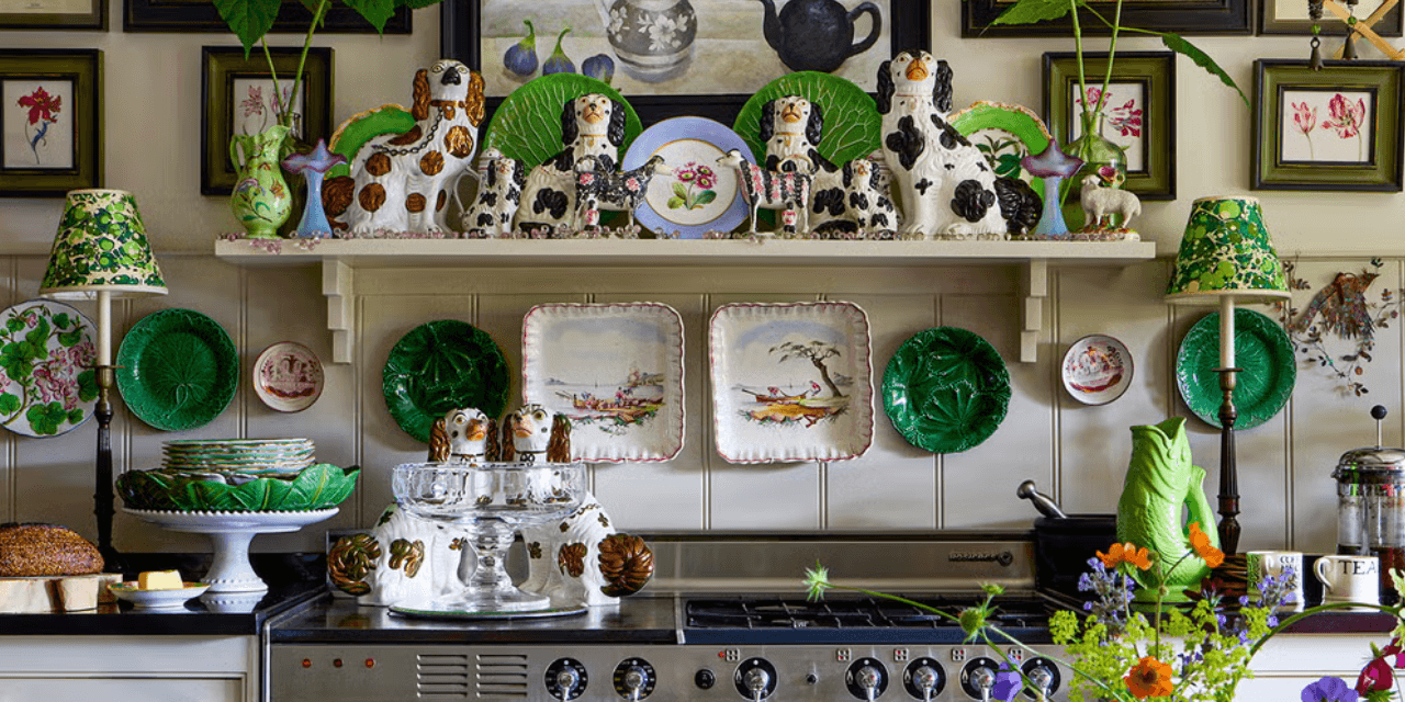 eclectic cottage kitchen with garden inspired green decor with garden and animal imagery