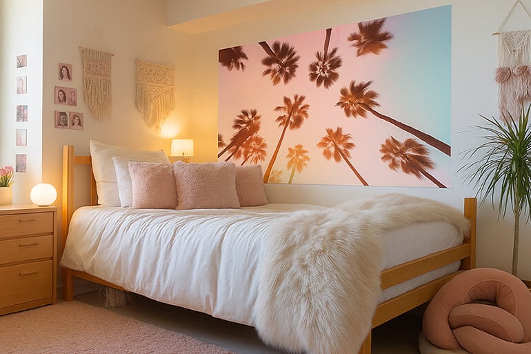 College wall art featuring a palm tree print in a decorated student bedroom