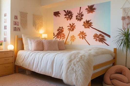 College wall art featuring a palm tree print in a decorated student bedroom