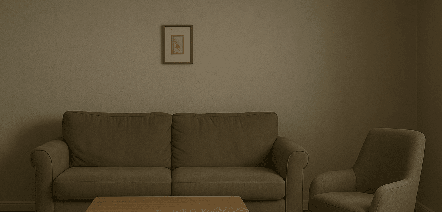 Dim neutral living room with dull beige furniture and a small framed artwork on the wall.