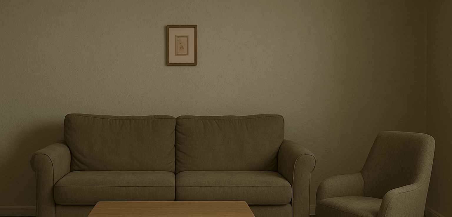 Dim neutral living room with dull beige furniture and a small framed artwork on the wall.