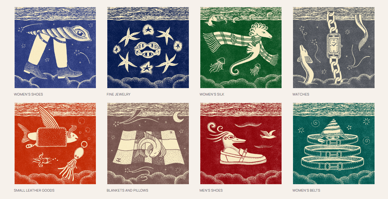 Hermes website product menu features hand drawn illustrations for each category