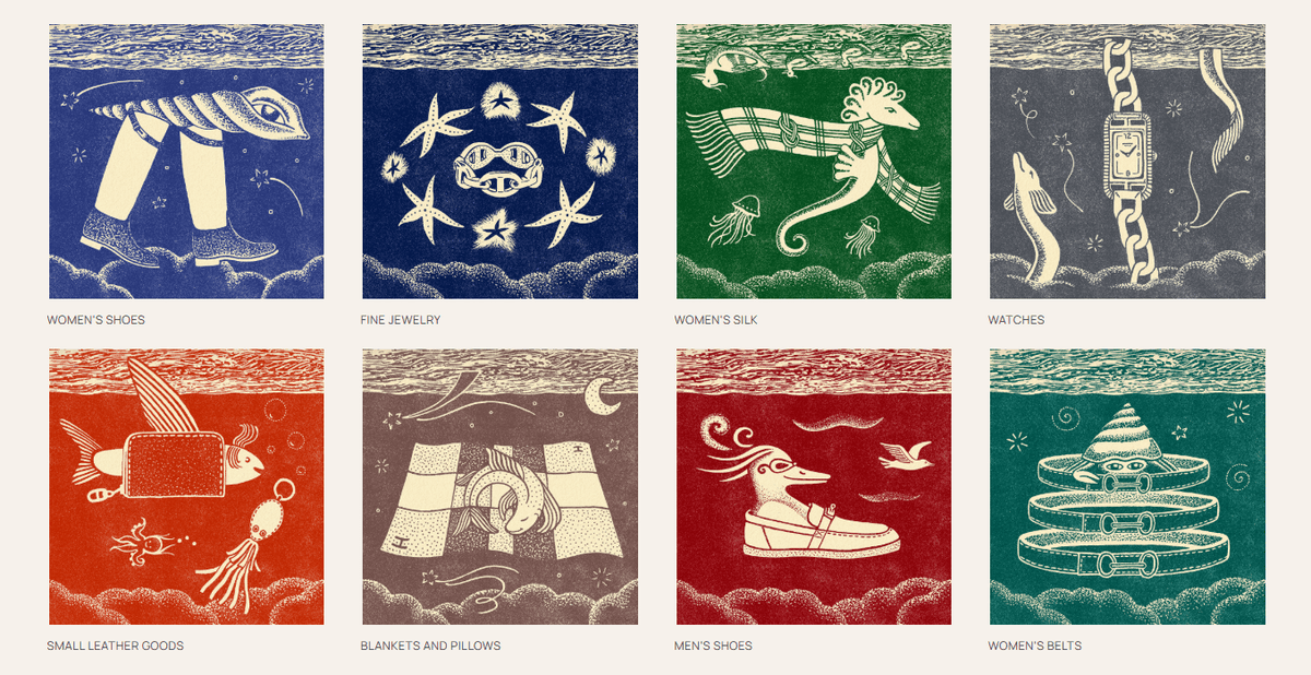 Hermes website product menu features hand drawn illustrations for each category