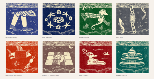 Hermes website product menu features hand drawn illustrations for each category