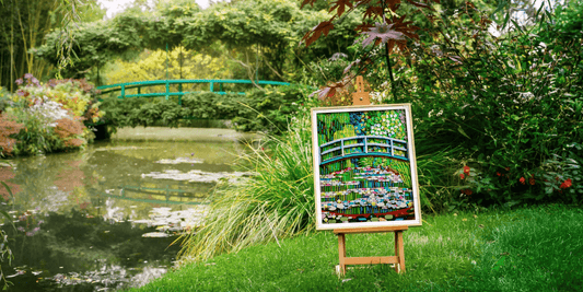 a completed build of the latest lego x moma collab of Monet's water lilly pond next to its setting