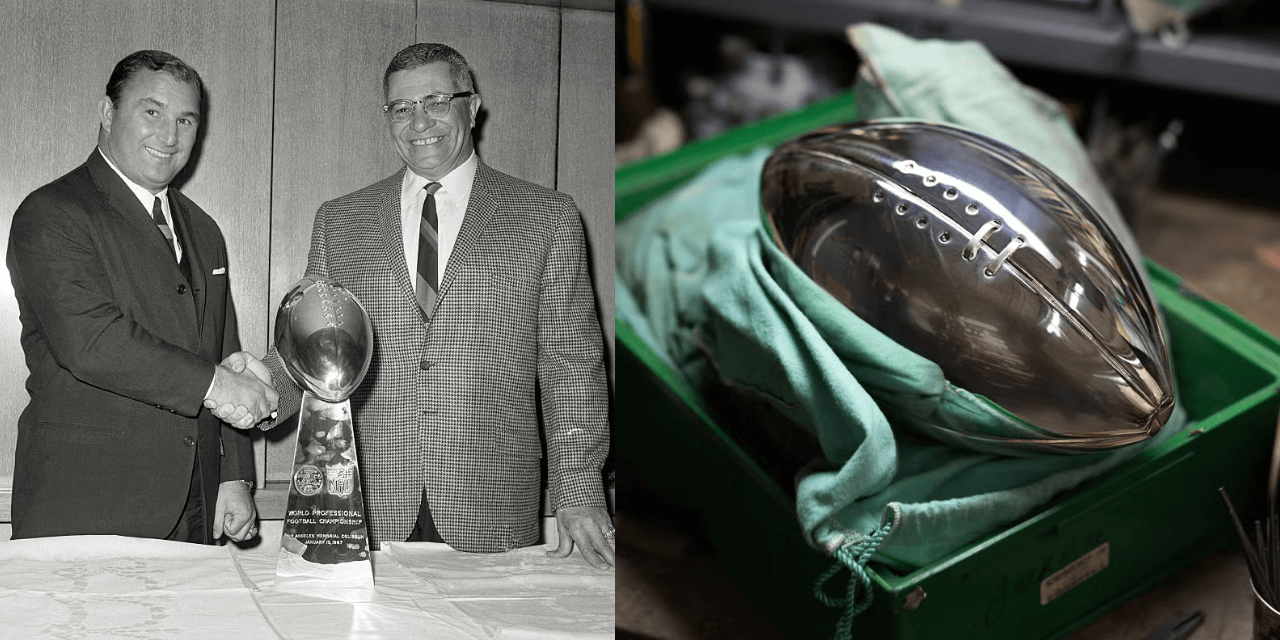 side by side image of the lombardi trophy's creator and namesake on the left and the trophy in a tiffany box on the right.