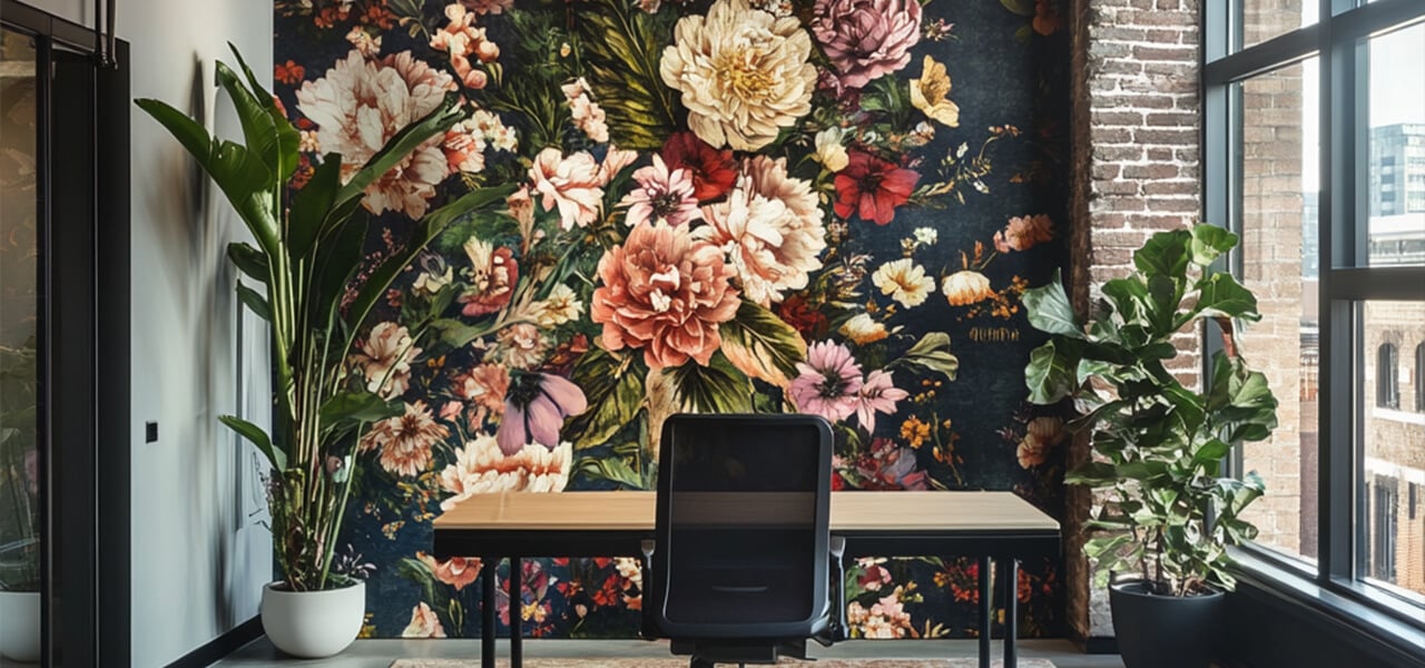 Modern flower art print hanging above a neutral-toned couch