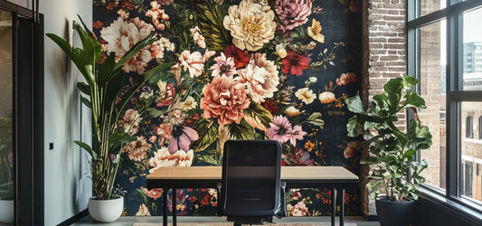 Modern flower art print hanging above a neutral-toned couch