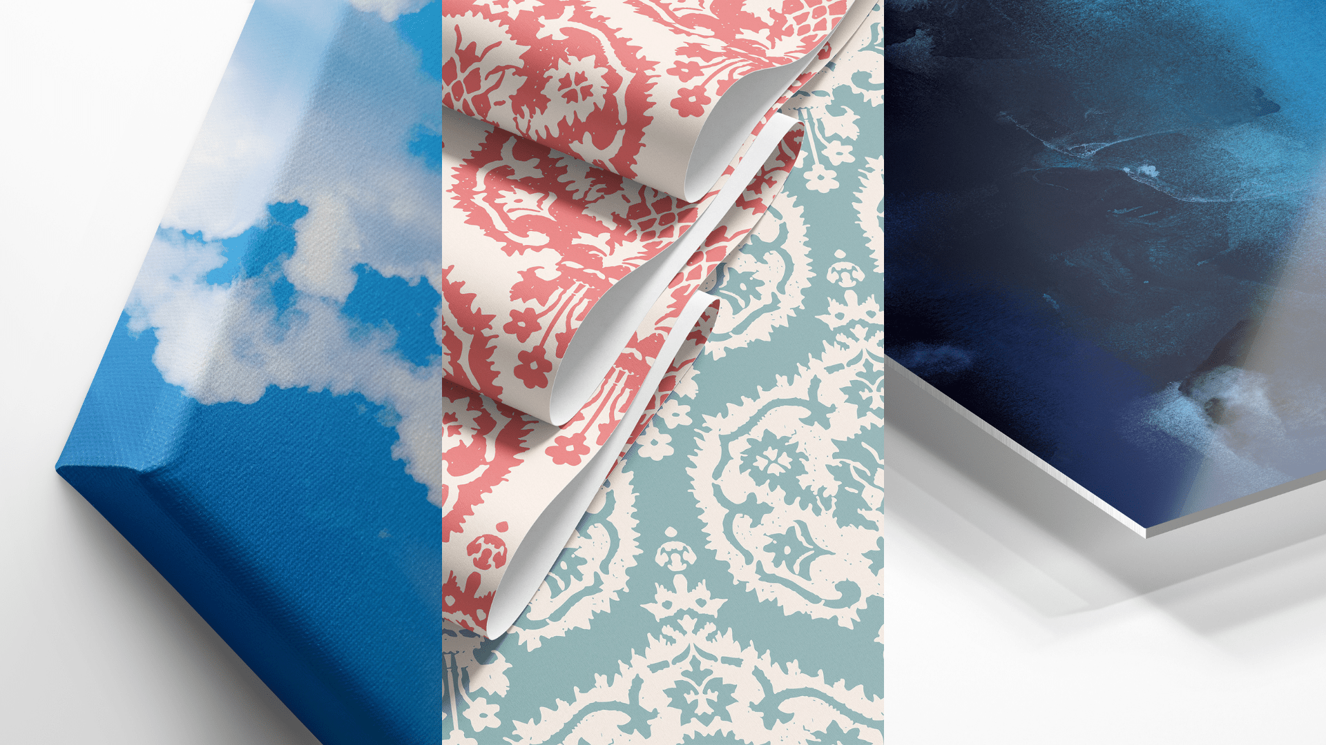 a trio of images showing close ups of the corner of a canvas print, a few panels of decorative wallpaper, and a close up of the corner of a metal print