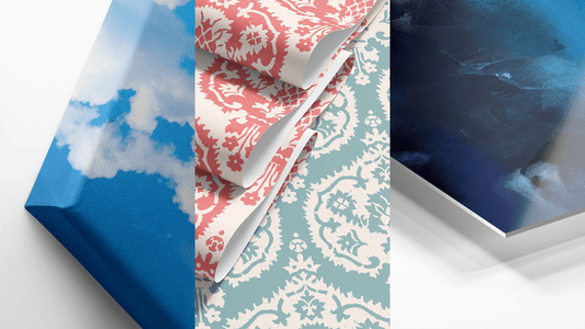 a trio of images showing close ups of the corner of a canvas print, a few panels of decorative wallpaper, and a close up of the corner of a metal print