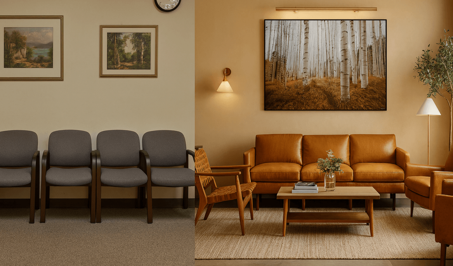 Side-by-side comparison of an outdated medical waiting room with dull gray chairs next to a warm, modern waiting room featuring leather seating and oversized aspen forest wall art.