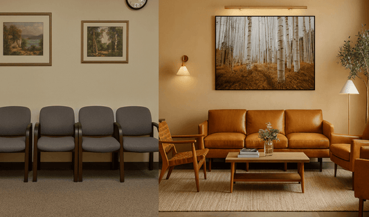 Side-by-side comparison of an outdated medical waiting room with dull gray chairs next to a warm, modern waiting room featuring leather seating and oversized aspen forest wall art.