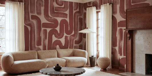 modern design living room with a rust and beige geometric wallpaper design