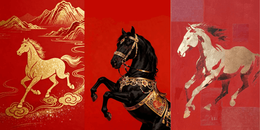 three images of horses with red backgrounds and gold accents to highlight the chinese new year symbols