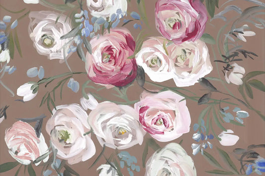 Floral pattern with pink and white flowers on a brown background