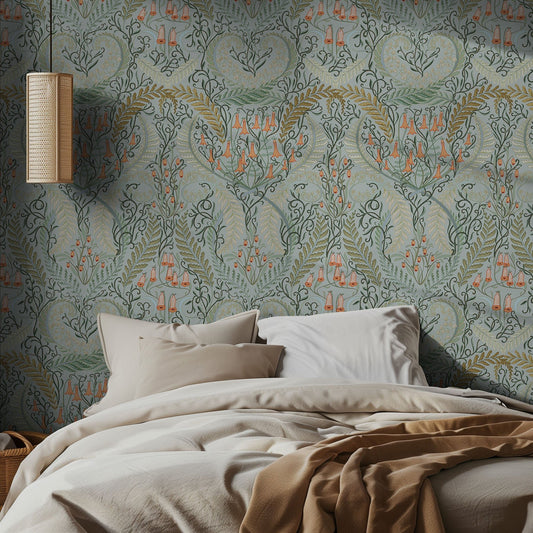 Bedroom with decorative botanical wallpaper featuring floral patterns and a bed with beige bedding.