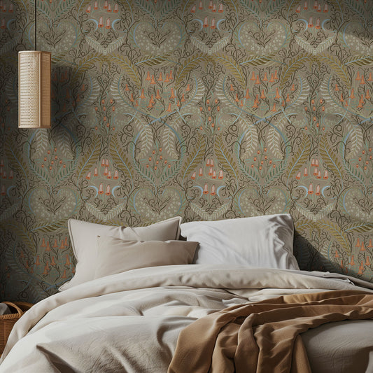 Bedroom featuring vintage-inspired botanical wallpaper with intricate floral and vine motifs in muted sage, taupe, and coral tones, styled with soft neutral bedding and pendant light.