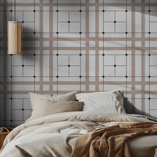 Neutral bedroom with beige, white, and black sophisticated geometric grid wallpaper. 
