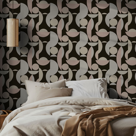 Bedroom with beige and black, abstract shaped geometric patterned wallpaper, and neutral bedding.
