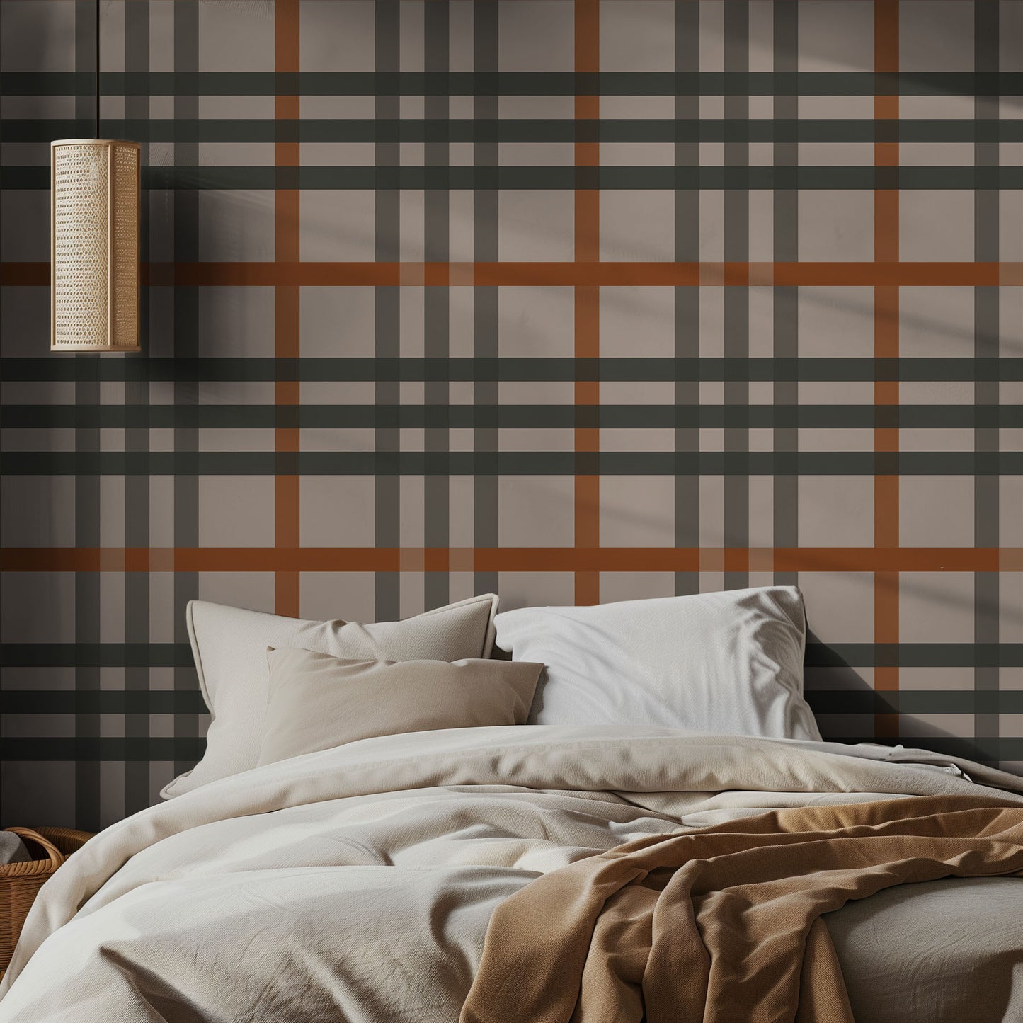 Bedroom with tan, brown, and green plaid wall paper and neutral bedding.